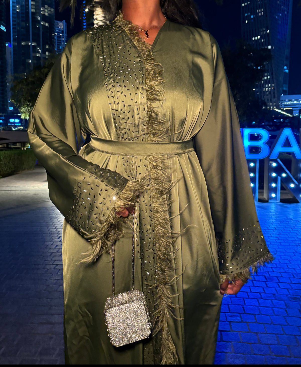 BABELUXURY ABAYA silk abaya silver embellishment